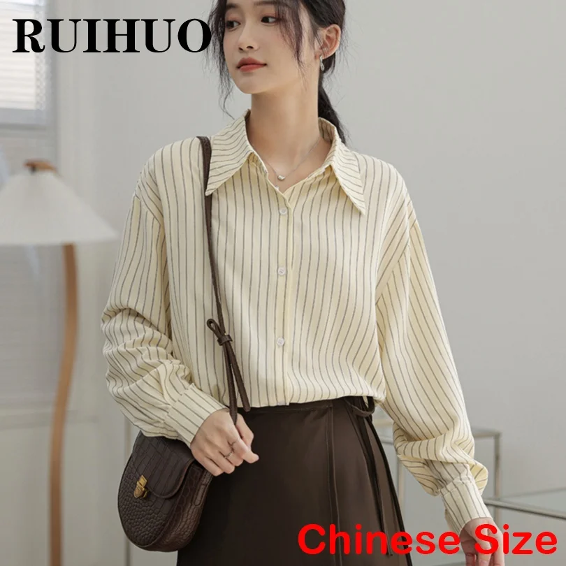 

Рубашка RUIHUO в полоску, Женский Топ, блузка с длинным рукавом, летняя одежда в Корейском стиле, корейская мода, европейский размер, новое пост...