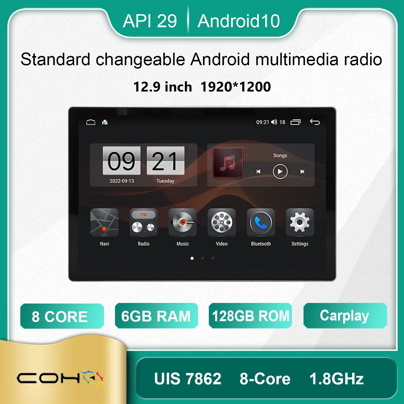 

Standard changeable Android multimedia radio 12.9inch 1920*1200 Resolution Octa-core 8+256gb Car Navigation CarPlay Car Radio
