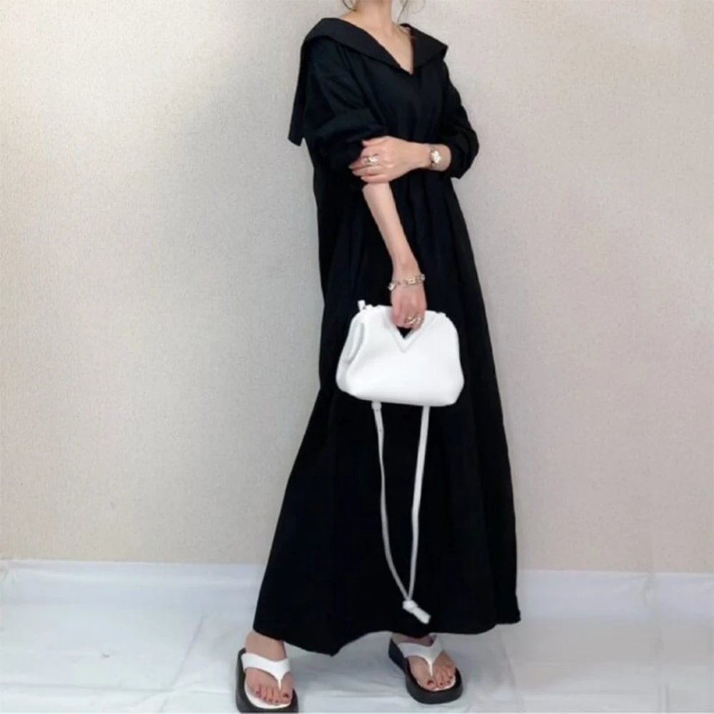 

Casual Women Dress Summer 2022 A-line Solid Color V-neck Temperament Loose Fashion Japan And South Korea New Black Dresses
