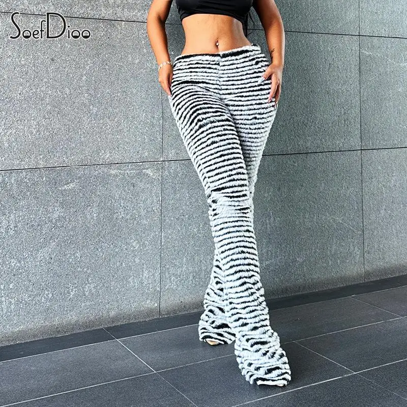 

Soefdioo Furry Striped Texture Casual Elastic High Waist Slim Pants Women Fall 2023 Fashion Baddie Streetwear Trousers Trending