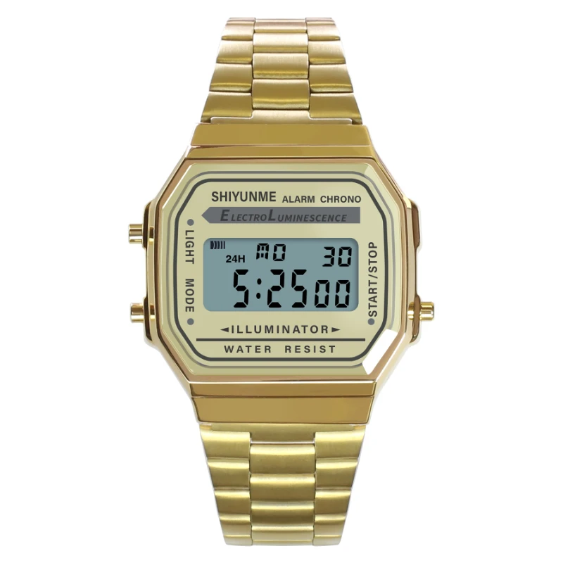 

Gold case Stop watch stainless steel luminous men watches 12/24h waterproof Sport Alarm Week Display Digital watch