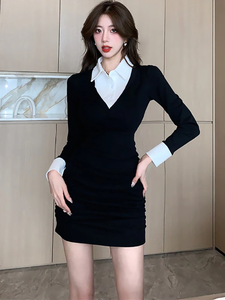 Осень-зима 2024 черное белое платье-поло с воротником-поло корейское винтажное