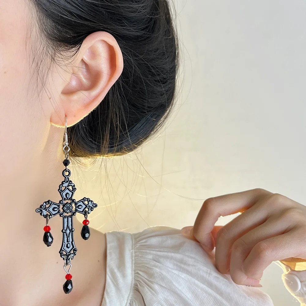 Готические черные большие полые длинные висячие серьги с крестом для женщин