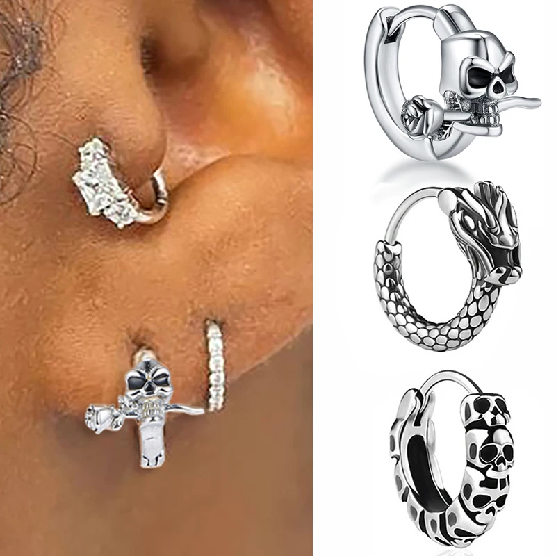 Серьги-кольца с драконом и черепом для мужчин женщин кольца из нержавеющей стали
