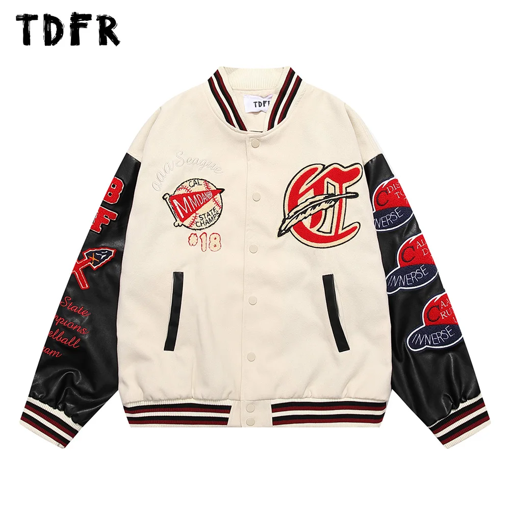 

Embroidery Sleeve PU Jacket Mens Autumn Winter Amekaji Retro Loose Single Breasted Long Sleeve Baseball Outerwear Men