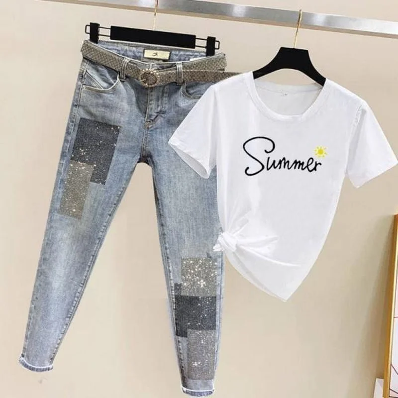 

Summer Clothes Women Set 2022 Fashion Two-piece Set O-neck Patchwork T-Shirt Tops + Jeans Suits Retro Casual Sets Femme E78