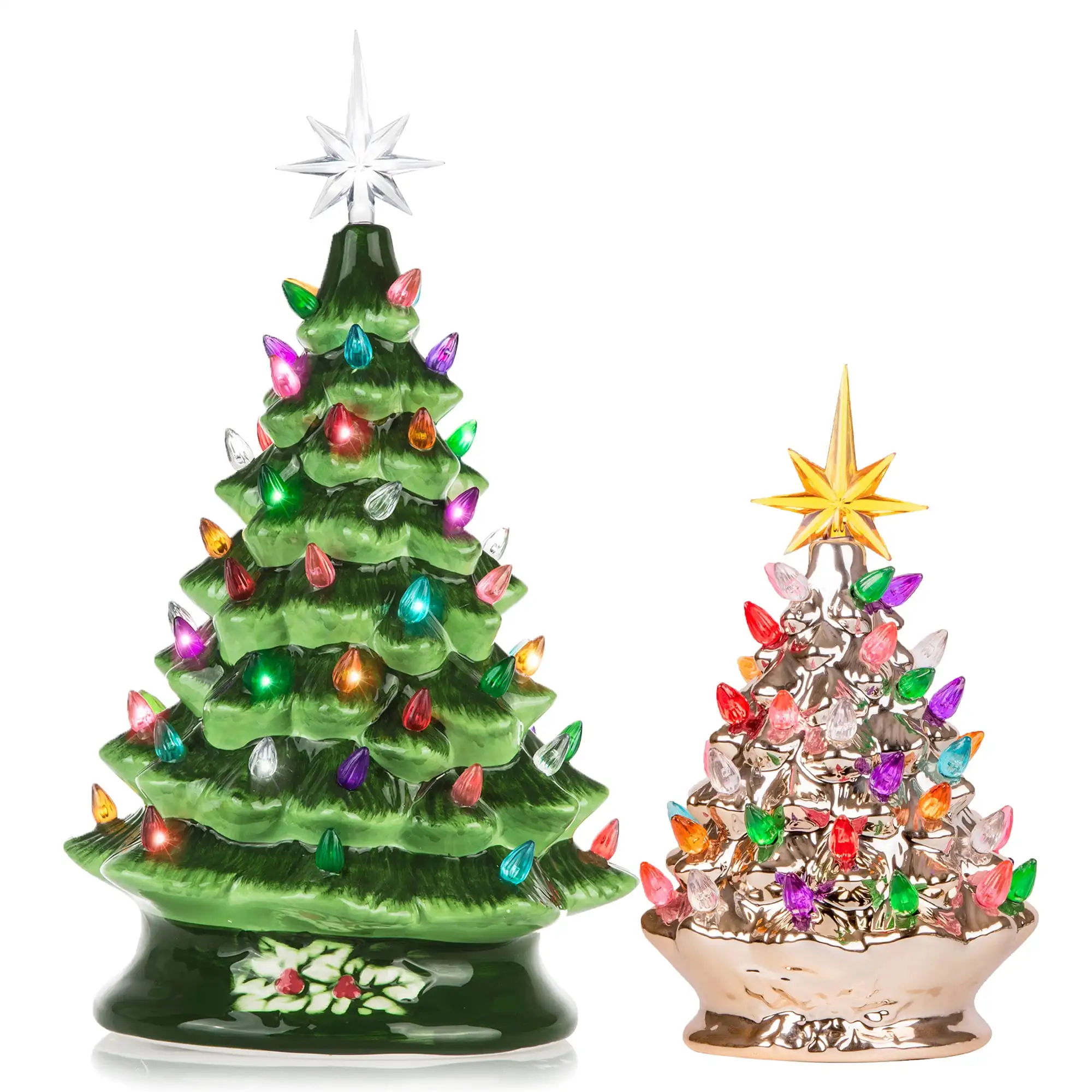 

15-INCH Green + 9-INCH Champagne Ceramic Decoration Tree Bundle, Cordless with Multicolor LEDs