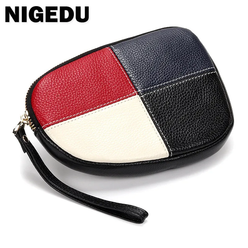 

NIGEDU Genuine leather women day cluches fashion panelled color Qrganizer zipper phone bag ladies clutch purse Cowhide Wrist bag