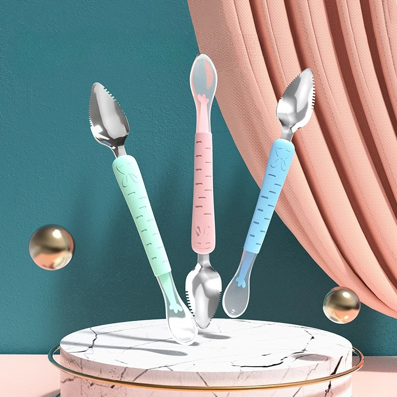 

Baby Scraper Dual Purpose Baby Tableware Auxiliary Food Spoon Stainless Steel Silicone Spoon Dual End Fruit Scraper Spoon