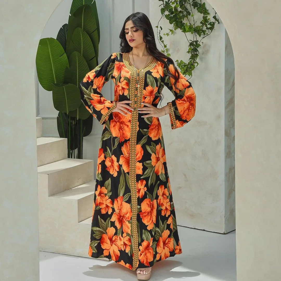 2013Muslim dresses 2022 new Middle East robe black background orange large flowers abaya fashion Muslim women's clothing  abayas
