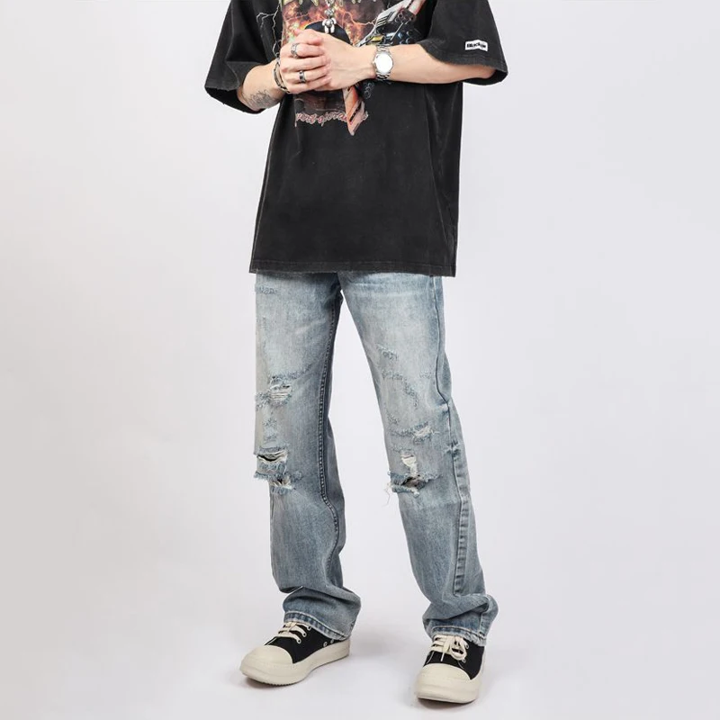 Men's Jeans High Street Retro Hip Hop Straight Loose Ripped Jeans Trend Korean Version Y2K Men's Pants Ins Hot Sale Baggy Jeans