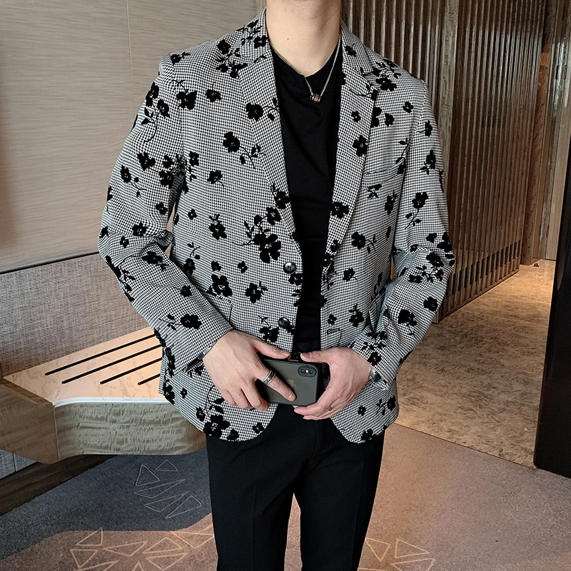 2022 Men's Korean Fashionable Floral Decorated Blazer Coat Auntum Two Buttons Plaid Coat Vintage Flowers Jackets