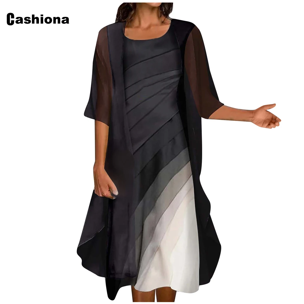 

2022 Summer Women Elegant Knee-Length Dress Oversize Women's Half Sleeve Two Pieces Dresses Vintage Gradient Print Dress Sets