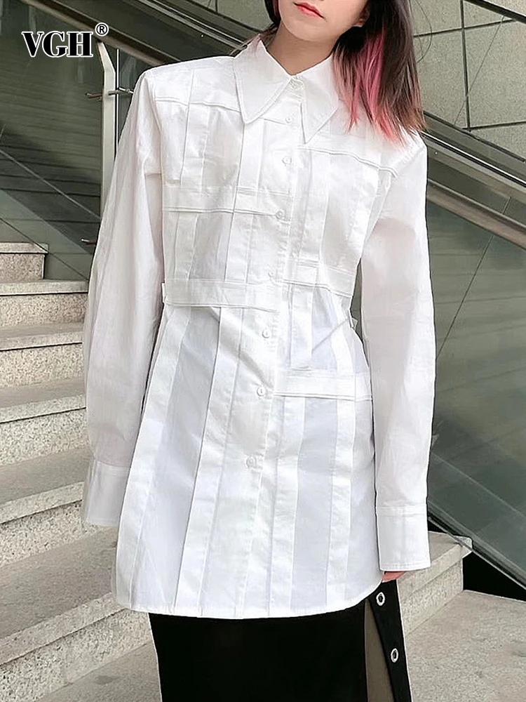 

VGH Solid Patchwork Single Breasted Casual Shirt For Women Lapel Long Sleeve Spliced Lace Up Minimalist Blouse Female Fashion