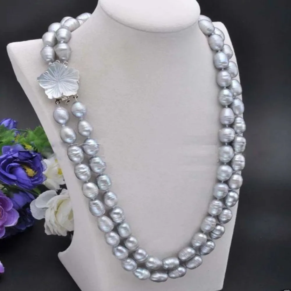 

Hand knotted necklace 2 rows natural 10-11mm grey freshwater rice pearl sweater chain nearly oval pearl flower clasp 18-19inch