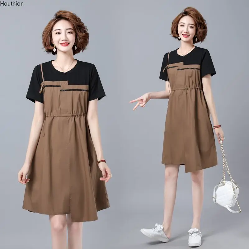 

Chiffon Women's Clothing Mid Dress New Fashion Short Sleeve Splicing O-neck Summer Loose Female Houthion
