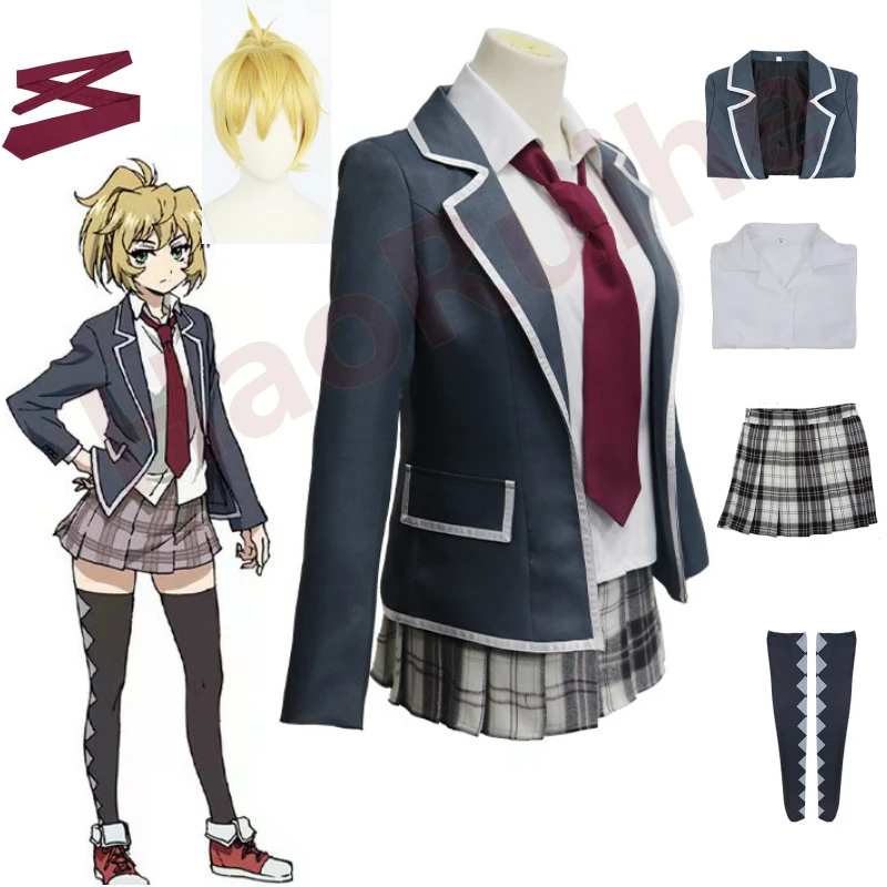 

Anime High Rise Invasion Mayuko Nise Cosplay Costume Blonde Wigs Tenkuu Shinpan School Girl JK Uniform Skirt Women Carnival Suit