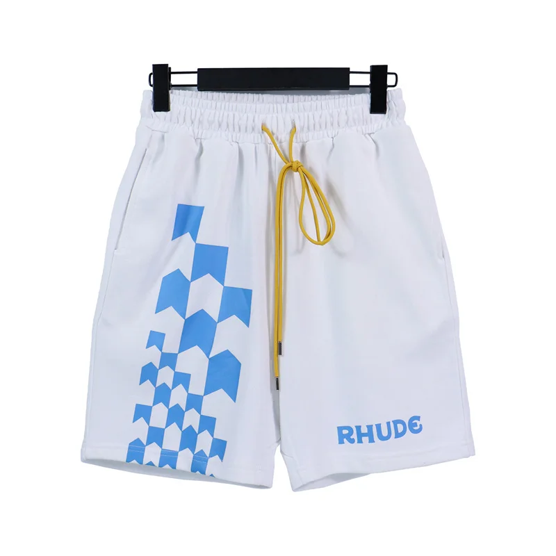 

Rhude 23ss New Style Checkerboard Lettering Printed Loose Casual Drawstring Shorts For Men