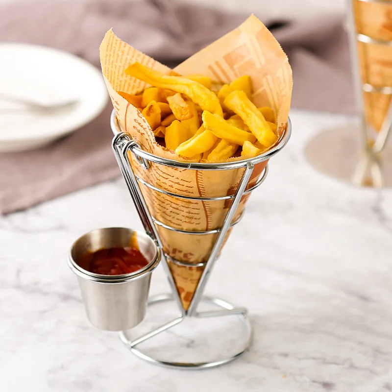 

Snack Fried Chicken Frame Metal Cone Rack Wire French Fries Stand Cone Basket Fry Holder with Sauce Dippers for Kitchen