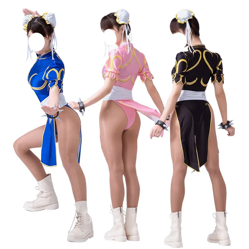 

Набор Блестящий глянцевый сатиновый Цельный боди костюм японское аниме уличный истребитель Косплей чунли юбка сексуальный костюм для ролевых игр