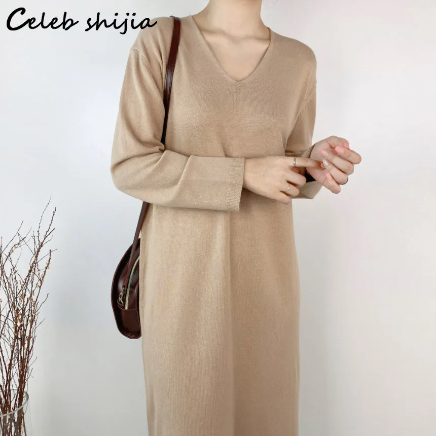

Vintage Loose Cashmere Dress Women 2022 Winter Fall V-neck Khaki Elegant Long Knitted Vestido Lady Streetwear Warm Knitwear