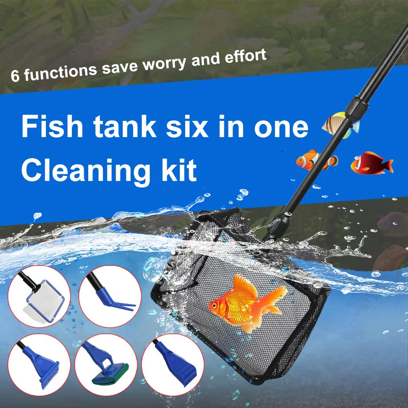 

6 in 1 cleaning fish net scraper, water straw clamp, fish bowl brush glass cleaning tool High Quality Aquarium Tank Clean Set