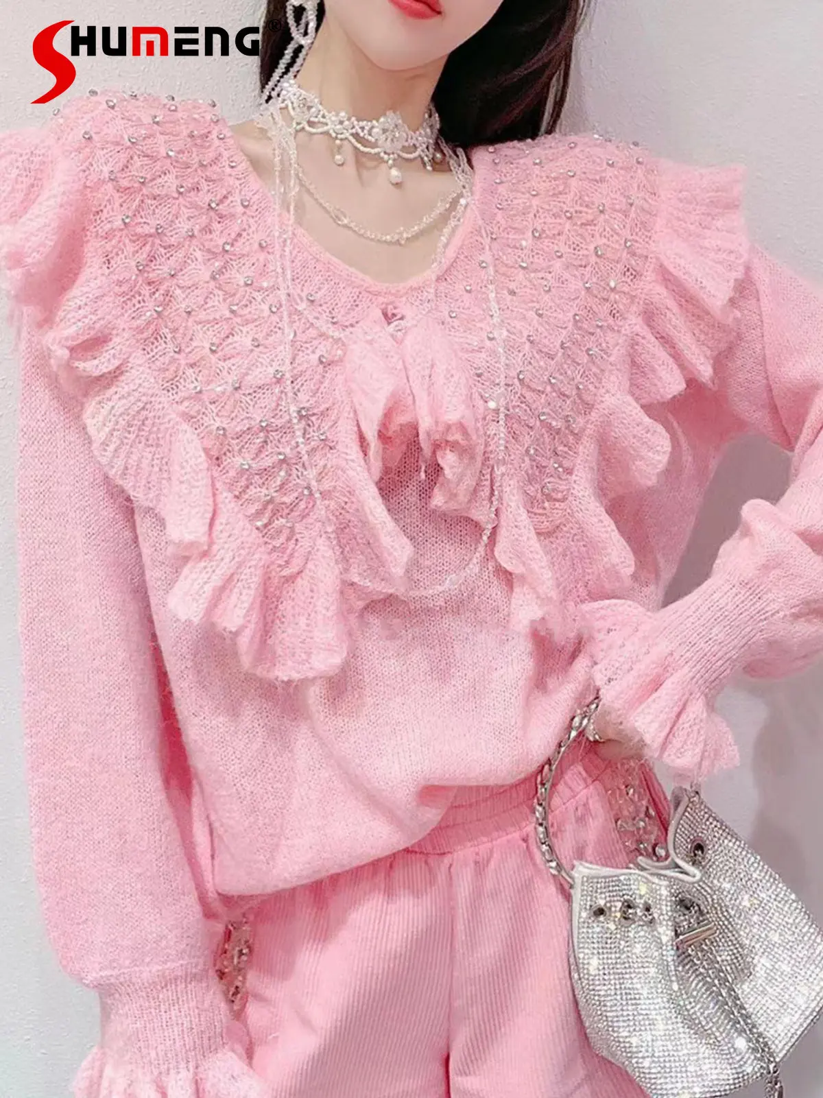 

Women's Autumn New Korean Style Fashion Sweet Pullover Knitted Top Ladies Fairy Beads Doll Collar Loose Slimming O-neck Sweater
