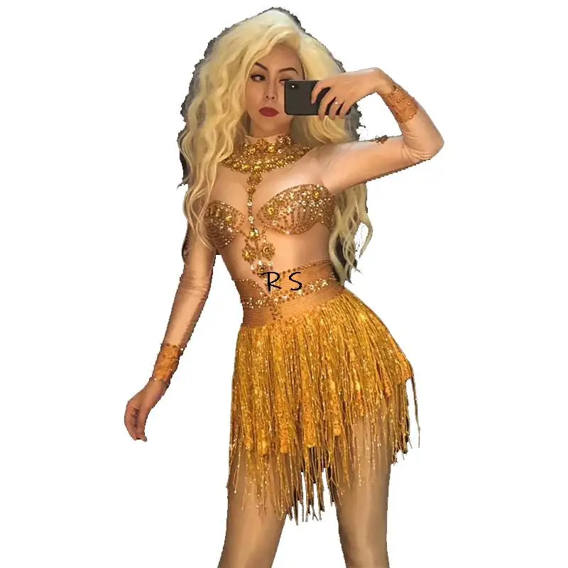 

Sparkly Gold Rhinestones Tassel Dance Costume Women Birthday Party Outfit Singer Long Sleeves Dress