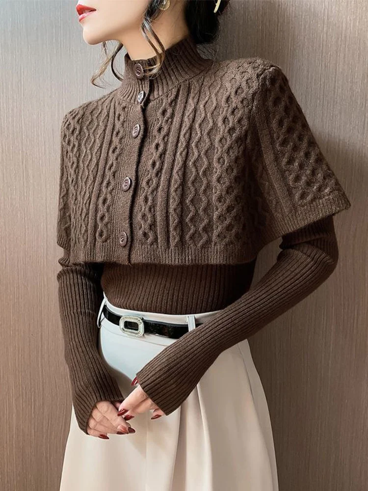 

Korean Cloak Sweater 2 Piece Sets Fall Winter Retro Thick Mock Neck Knit Cape And Slim V-neck Pullover Women Warm Sweaters Tops