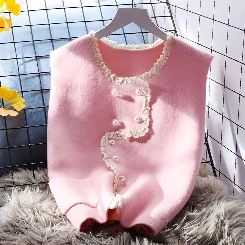

Women's Vest Loose New Japanese Sweet Sweater Spring Beading Tank Top Knitted Vest