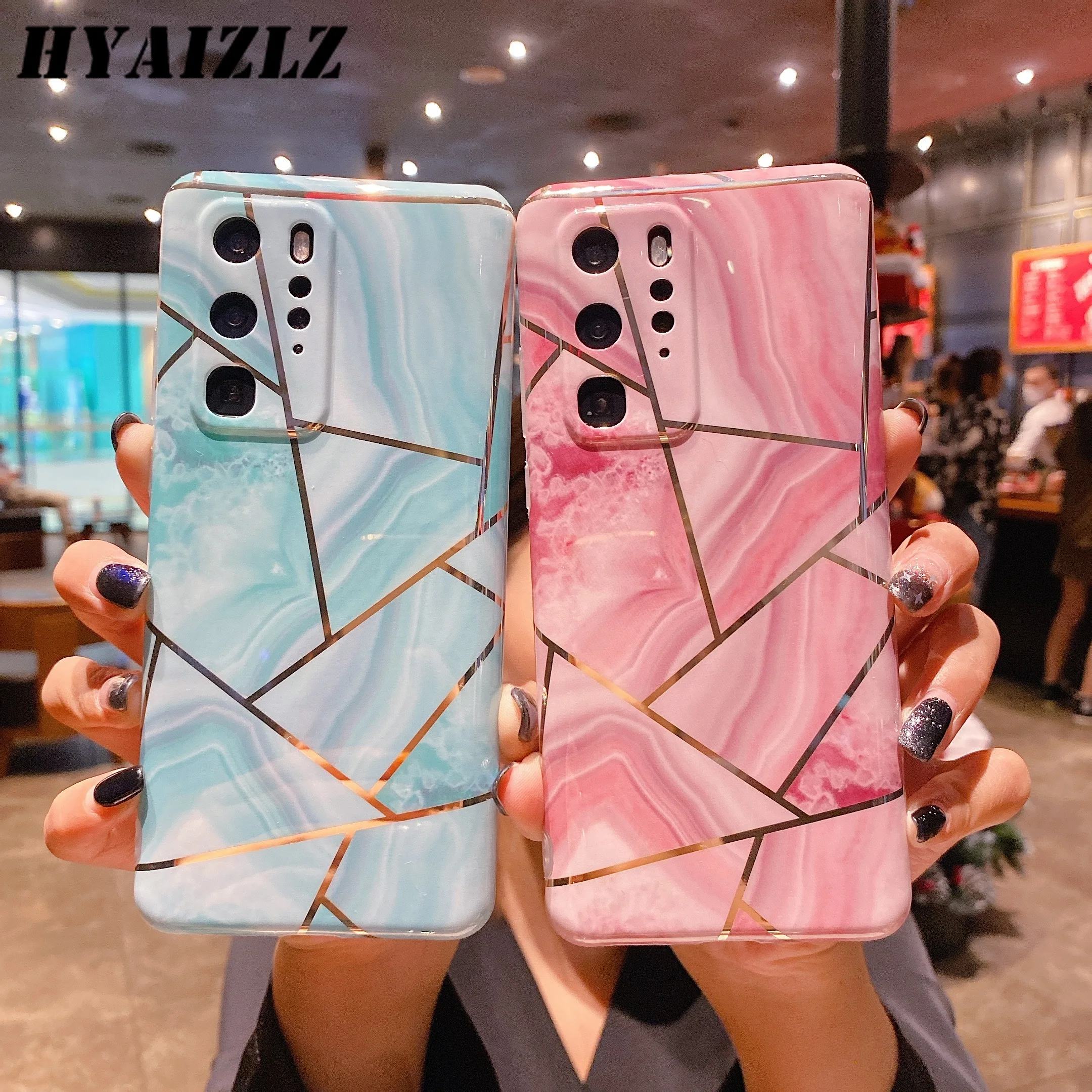 

Case for Huawei P40 P30 P20 Mate 30 Honor 20 Pro V20 Nova 7 SE Phone Funda Plating Geometric Line Colorful Marble Soft IMD Coque