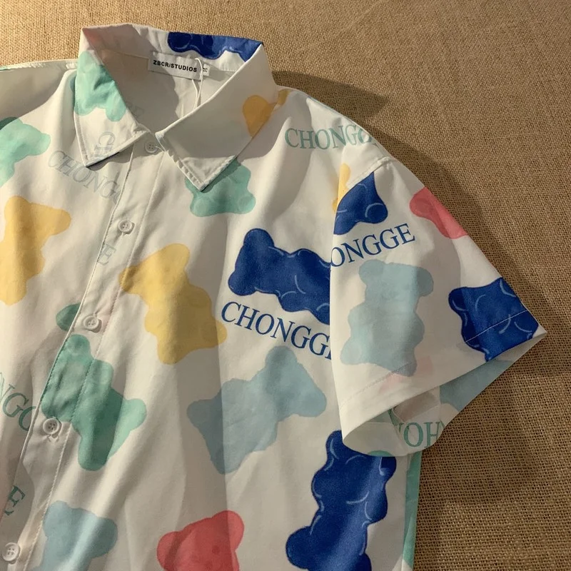

Ins Japan Kawaii Anime Gummy Bear Full Print Button Up Shirt Men Womens Tops Loose Casual Summer Plus Size Beach Hawaii Harajuku
