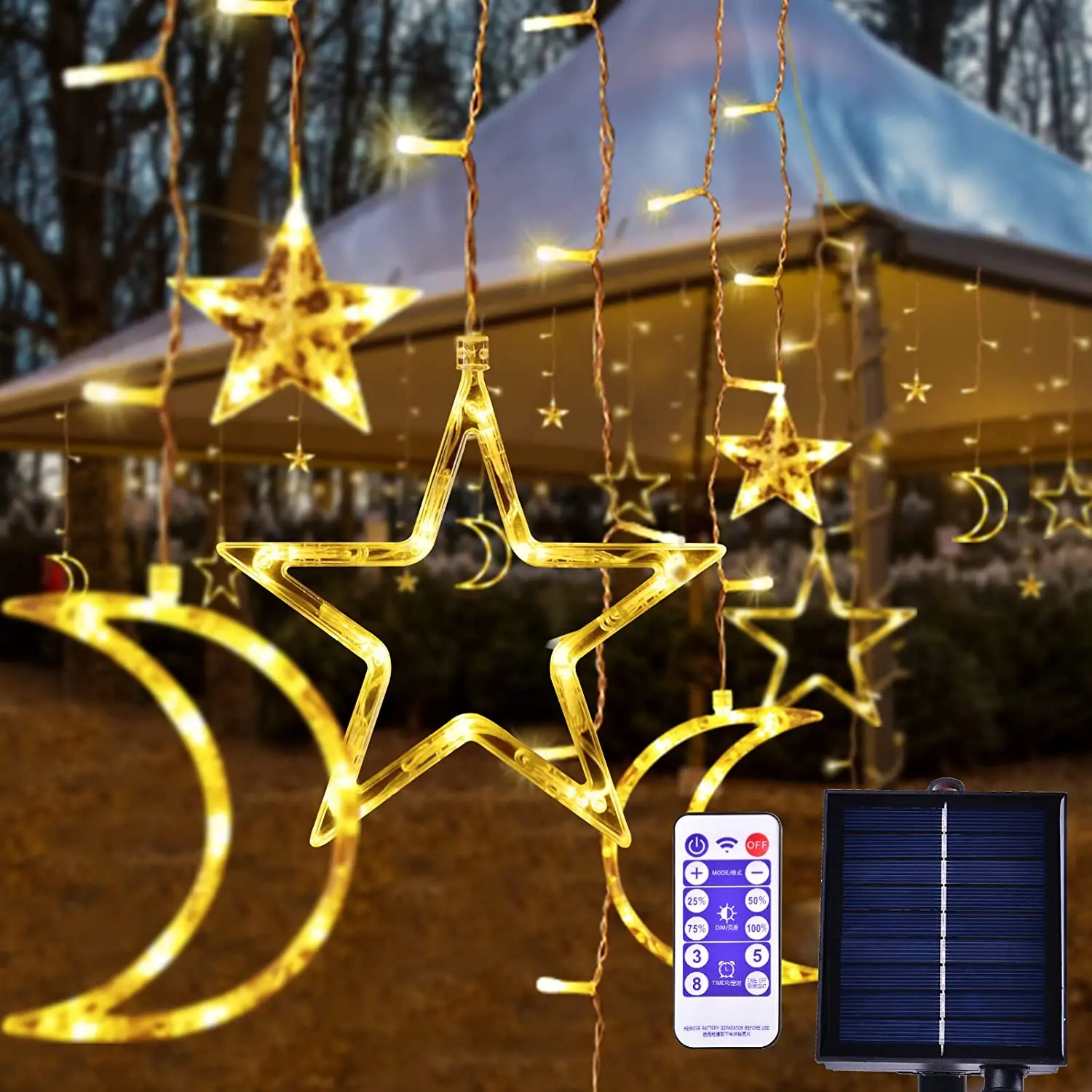 

Solar Moon Star Curtain Lights Outdoor 138 LED Window Solar String Lights with Remote Control Christmas Decorations for Garden