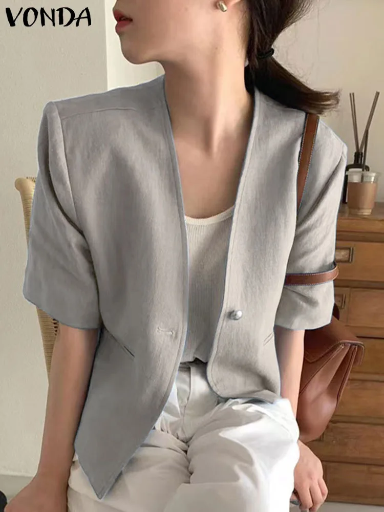 

VONDA 2023 Women Blazer Fashion Summer Blazer Tops Short Sleeve Solid V-Neck Button Cotton Vintage Coats Streetwear Oversized