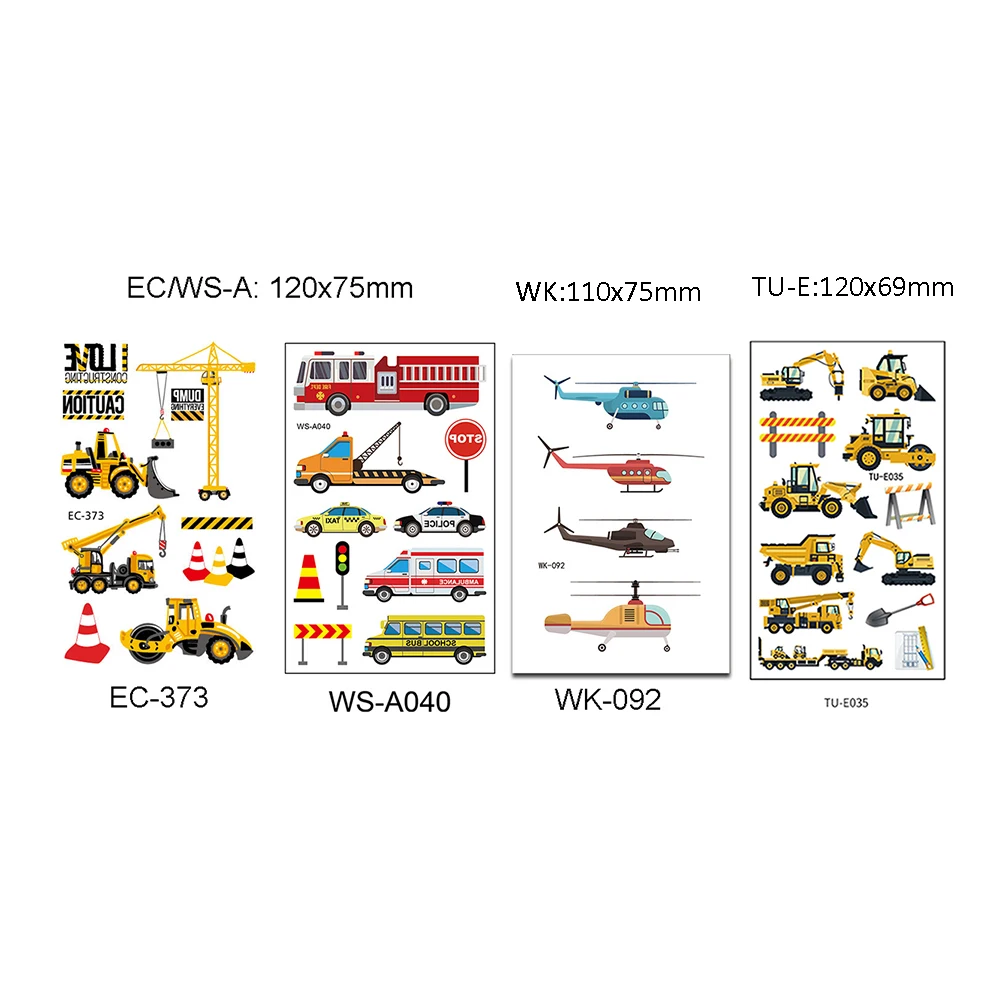 Временная тату-наклейка мультяшный автомобиль экскаватор самолет пожарная