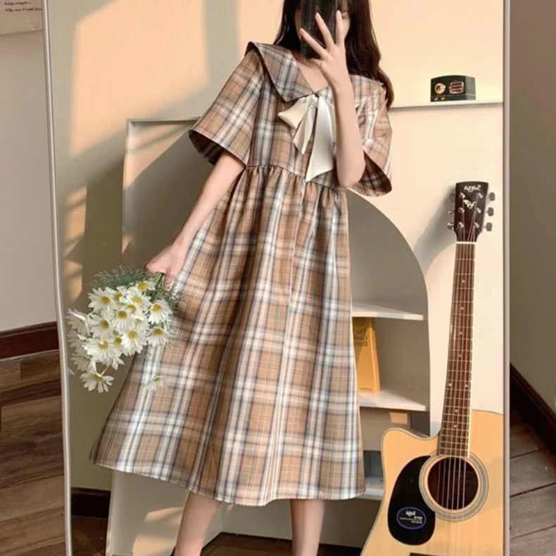 Женское клетчатое платье с круглым вырезом свободное Повседневное в стиле