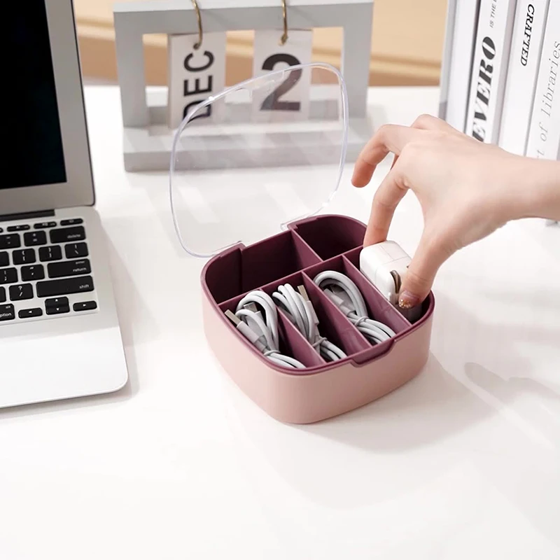 

Dust-proof Wire Cable Holder Box Office Drawer USB Storage Box with Lid Headphone Charging Cable Organizer Bin Grid Storage Case