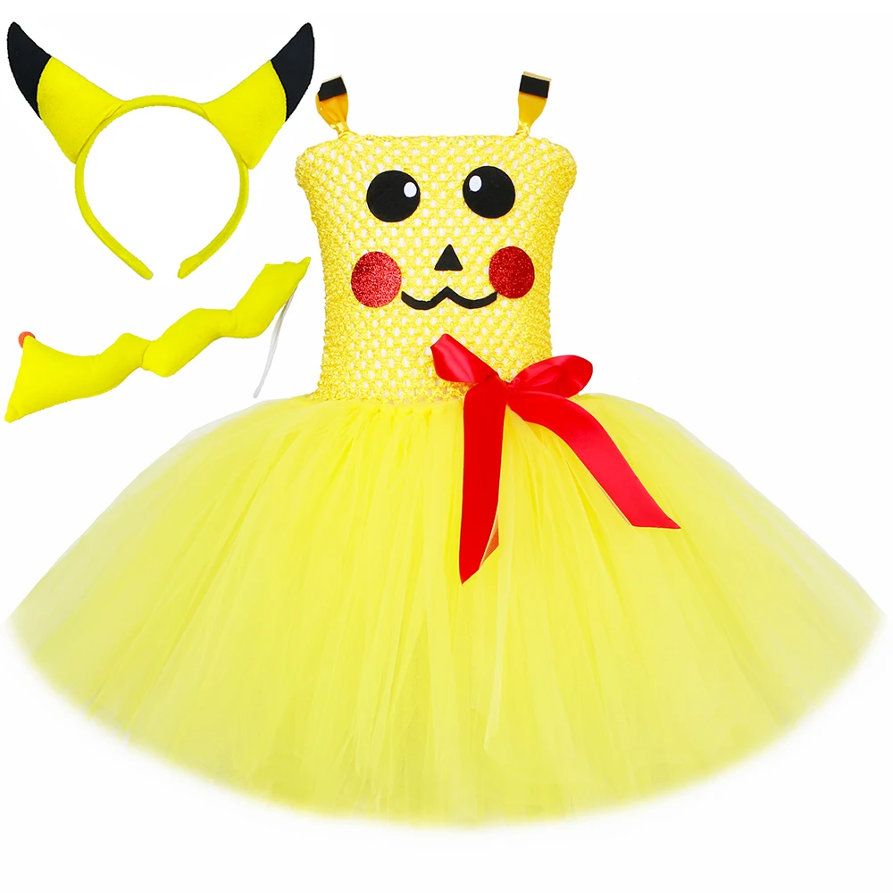 

Карманный костюм монстра пикача для девочек, желтое мультяшное платье-пачка, косплей, аниме, костюмы на Хэллоуин для детей, карнавальное женское платье