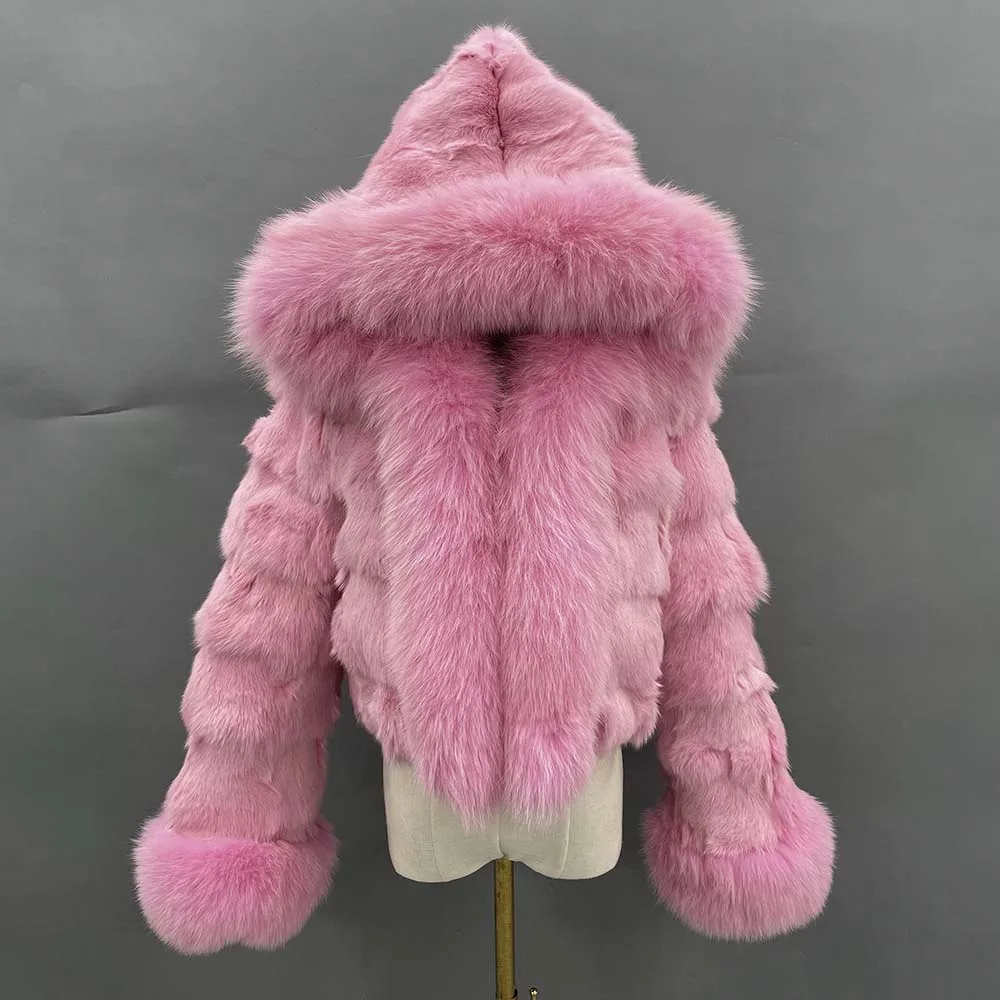 MISSJANEFUR Fox Fur Coat with Hood Women 2022 New Fashion Luxury Real Fur Jackets Pink Zipper Short Wholesale Plush Winter Coat enlarge