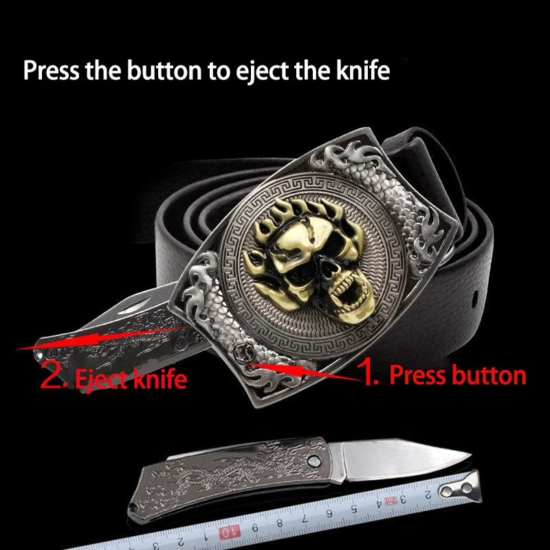 

Мужской кожаный ремень в стиле панк, гладкая металлическая пряжка, скрытый нож для самообороны