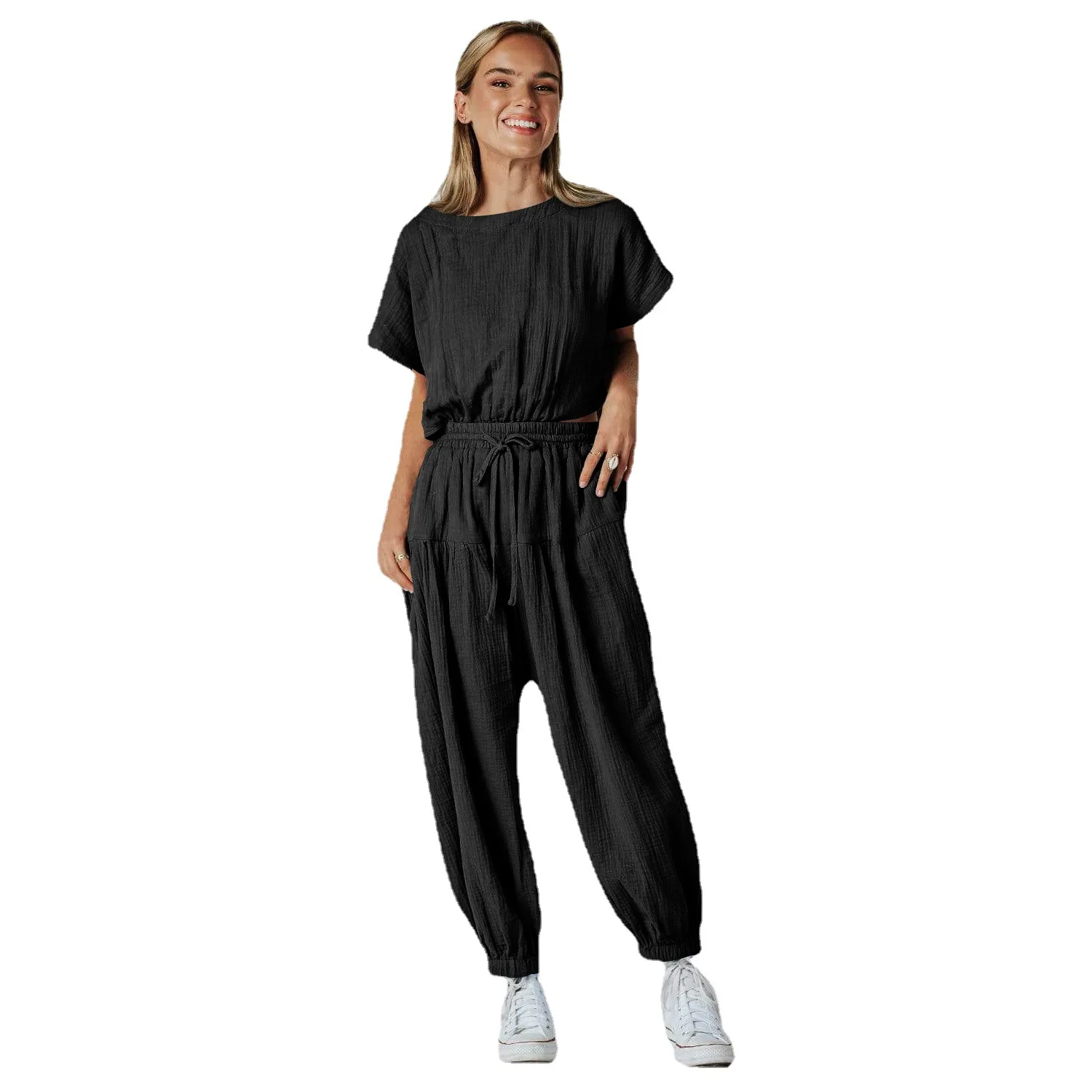 Casual Loose Women Back Button Slit Pleated Drawstring Harem Jumpsuit Home Commuter Pajama Set Women
