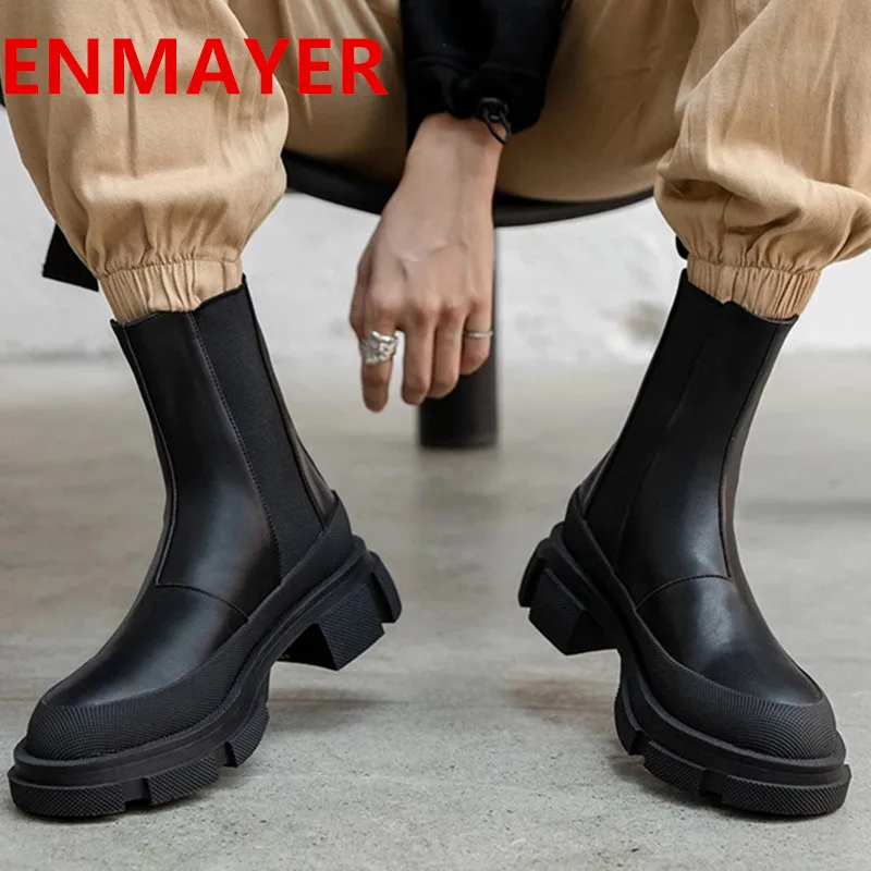 

Брендовые женские ботильоны ENMAYLA из натуральной кожи на толстом высоком каблуке в стиле панк на платформе теплая осенне-зимняя обувь для вечеринки женские короткие сапоги