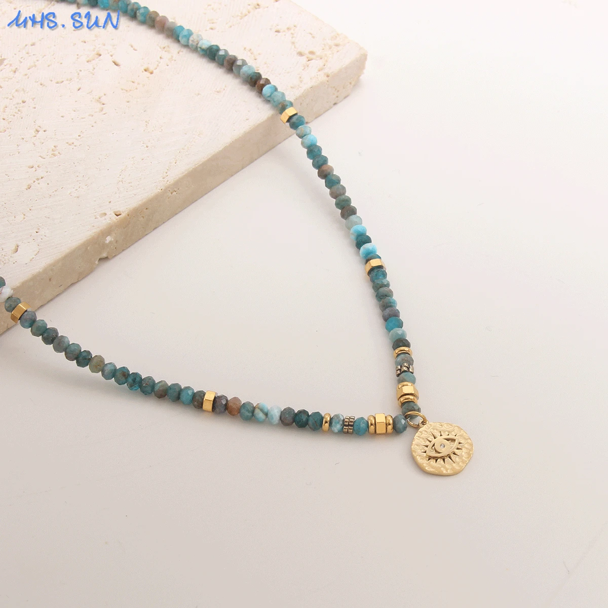 

SUNSLL Natural Stone Seed Beads Eye Pendant Necklace Boho Colorful Stainless Steel Gold Plated Choker Fashion Lucky Jewelry