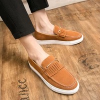 mens solid color suede classic fringed metal stitching round toe flat heel comfortable fashion casual all match loafers shoes