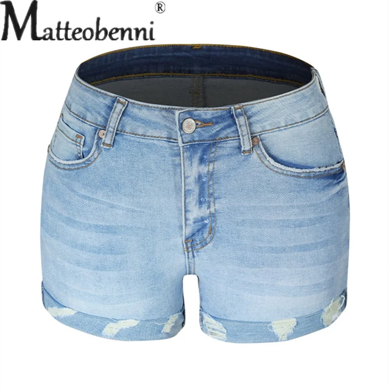 Summer Fashion Skinny Stretch Denim Shorts Women's Mid-waist Casual Light Blue Three Quarter Pants Female Broken Holes Jeans New