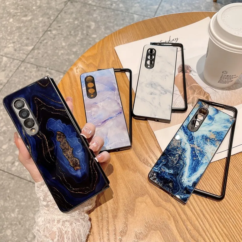 

Lens Protection Glass Color Painting Marbling Luxury Brand Phone Case For Samsung Galaxy Z Fold3 5G Shell Fall Prevention Cover