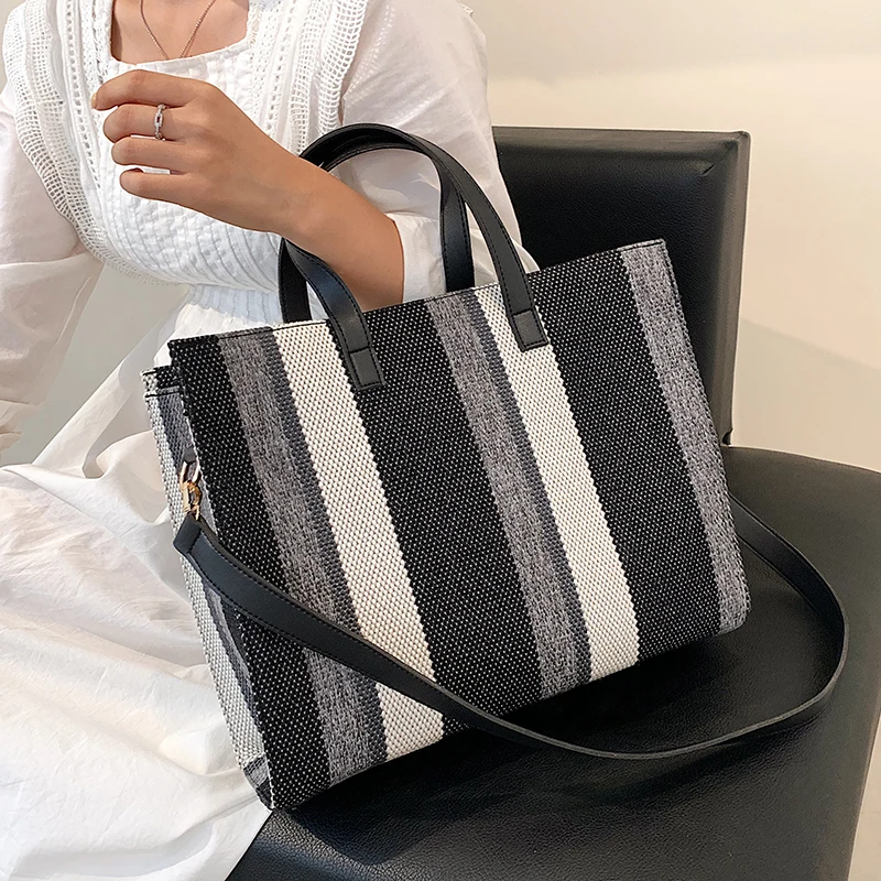 

Роскошная дизайнерская вместительная сумка-тоут в полоску для женщин, 2021, трендовая брендовая дизайнерская холщовая сумка-шоппер на плечо, ...