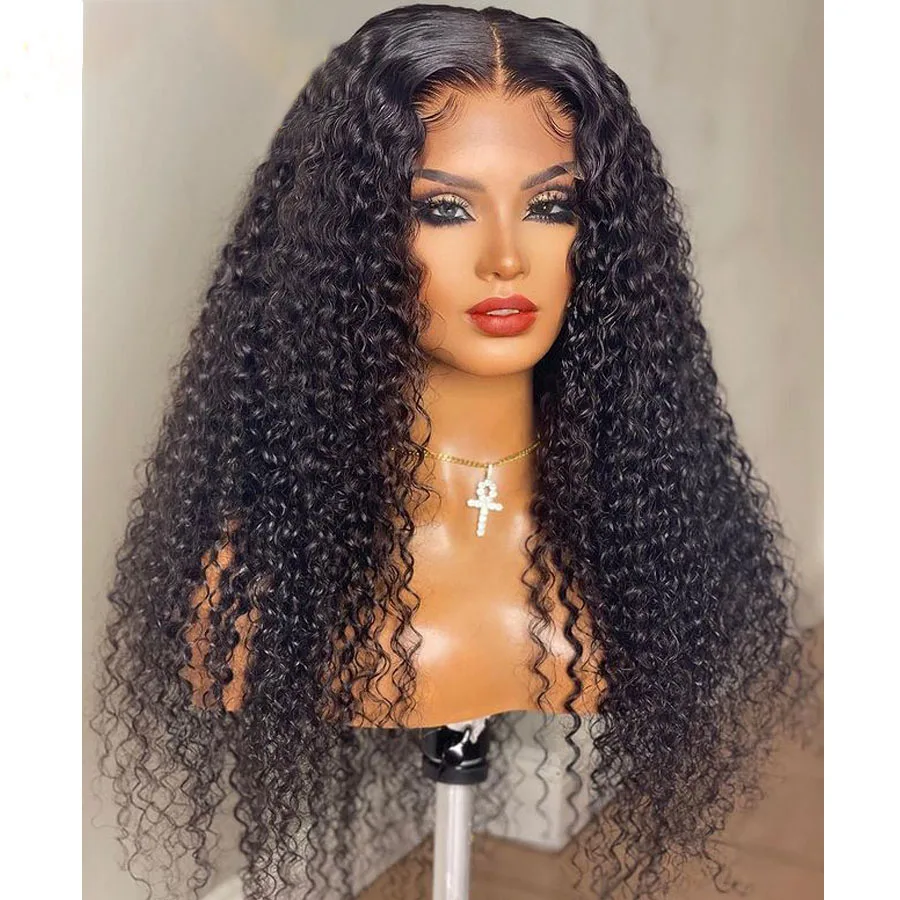 

Long Natural Black Color Kinky Curly Synthetic Wig With Baby Hair Lace Front Wig For Women Glueless Pre Plucked Heat Resistant