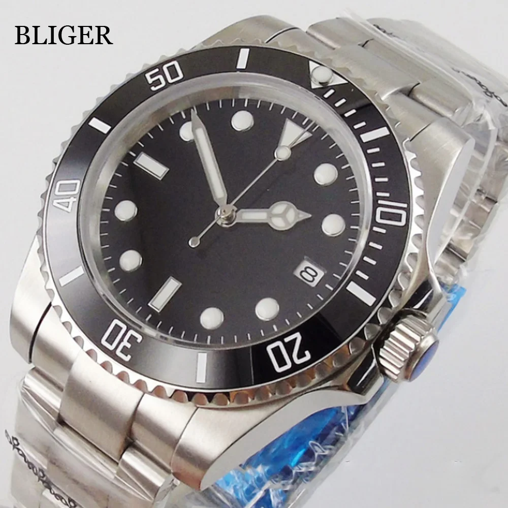 Продажа BLIGER Black Business автоматические мужские часы 24 Драгоценности NH35A MIYOTA 8215 PT5000 без лупы, прозрачное стекло, задняя керамическая вставка