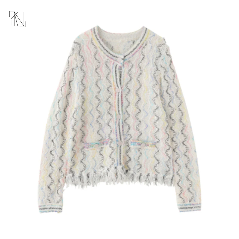 

Женский вязаный кардиган Hanbok, новый стильный кардиган с круглым вырезом и цветными волнами, 2022